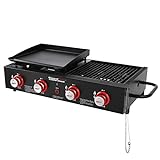 Royal Gourmet GD4002T 4-Burner Tailgater Grill & Griddle Combo, Portable Propane Gas Grill and Griddle, 2-in-1 Combo Design for Backyard or Outdoor BBQ Cooking, 40,000 BTU, Black