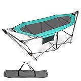 Giantex Portable Folding Hammock, Lounge Camping Bed with Hammock Stand, Indoor & Outdoor Hammock w/ Side Pocket, Anti-tip Buckles & Iron Stand for Camping Outdoor Patio Yard Beach (Turquoise)