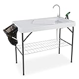 FURNDOOR Outdoor Sink Fish Cleaning Table - Portable Camping Sink Table Folding with Hose Hook Up & Garbage Box for Picnic Kitchen Garden