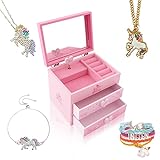 Agitation Kids Unicorn/Castle/Princess Wooden Musical Jewelry Box for Girls with Matching Jewelry Set (B-Pink Unicorn3)