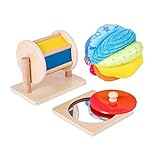 Montessori Baby Toys Play Kit Montessori Mirror Peekaboo Knob Puzzle, Medium Spinning Drum and Rainbow Fabric Ball Kit Toys for 6-12Months Toddlers (Play Kit 1)