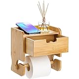 Lawei Bamboo Toilet Paper Holder, Wall Mount Toilet Paper Roll Holder with Shelf and Storage, Flushable Wipes Dispenser and Storage Drawer Box, Tissue Roll Holder for Bathroom, Washroom, Kitchen, Home