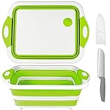 QiMH Collapsible Cutting Board - Portable Washing Veggies Fruits Food Grade Camping Sink (8.5Quart) with Draining Plug - Foldable Multi-function Kitchen Plastic Silicone Basin(Knife Included)