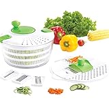 Huji Multifunctional Large Salad Spinner (4 Quarts) and Mandoline Set – 5 Blade Slicer, Drainer, Tosser, Vegetable Dryer with a Pouring Spout