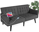 TYBOATLE 65“ Convertible Futon Sofa Bed w/ 2 USB, Upholstered Tufted Small Adjustable Folding Couch Loveseat, Modern Mid Century Sleeper Sofa for Living Room, Bedroom, Apartment, Office (Dark Grey)