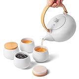 20oz Ceramic Teapot with 4 Teacup, Japanese Style Porcelain Tea Pot, Loose Leaf and Blooming Tea Maker Tea Caddy Cups Pottery Tea Sets with Bentwood Handle for Women Gift (Gloss White)