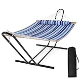 SUNCREAT New Portable Hammock with Stand Included, 2 Person Hammock with Spreader Bar, Carrying Bag, Patent Pending, Blue Stripes