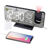 EVILTO Projection Alarm Clock for Bedroom Ceiling Digital Alarm Clock Radio with USB Charger Ports, 7.3' Large LED Screen Alarm Clock, 4 Dimmer, Dual Alarm Clock with 2 Sounds, Snooze, Black