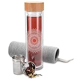 Navaris Glass Water Bottle with Tea Infuser - Double Walled Borosilicate Glass Travel Tumbler with Bamboo Lid and Non Slip Gray Neoprene Sleeve - 17oz