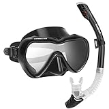 SwimStar Snorkel Set for Women and Men, Anti Fog Tempered Glass Snorkel Mask for Snorkeling, Swimming and Scuba Diving, Anti Leak Dry Top Snorkel Gear Panoramic Silicone Goggle No Leak Black