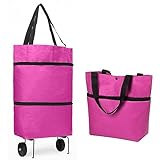 YASYU Foldable Shopping Bag with Wheels Folding Shopping Trolley Tote Bag on Wheels Collapsible Shopping Cart Bags 2 in 1 Reusable Grocery Bags Travel Bag(Rose Red)