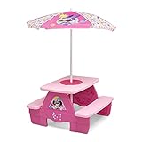 Delta Children 4 Seat Activity Picnic Table with Umbrella and Lego Compatible Tabletop, Minnie Mouse