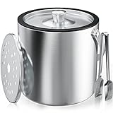 Ice Bucket 3L with Silicone Lid, Strainer, Tongs, Double Wall Insulated Stainless Steel Ice Bucket Wine Bucket for Cocktail Bar and Parties