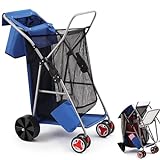DoubleFill Beach Cart with Big Wheels for Sand Foldable Beach Buggy Wide Wheel Storage Wagon Lightweight Rust Free Aluminum Frame with Body Board Holder Removable Storage Tote for Most Terrain Beach