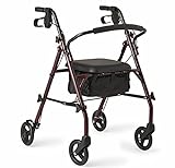 Medline Rollator Walker with Seat, Steel Rolling Walker with 6-inch Wheels Supports up to 350 lbs, Medical Walker, Burgundy