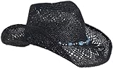 Vamuss Straw Cowboy Hat for Women with Beaded Trim and Shapeable Brim, Black-Blue