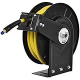 Goplus Air Hose Reel, Steel Compressor Hose Auto Rewind with Retractable 3/8' x 50' Rubber Hose Wall Mount, Commercial Grade Rubber Hose, Max.300 PSI, Yellow
