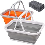 AUTODECO 2 Pack Collapsible Sink with Handle Towel, 2.37 Gal / 9L Foldable Wash Basin for Washing Dishes, Camping, Hiking and Home Orange&Gray