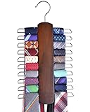 Umo Lorenzo Premium Wooden Necktie and Belt Hanger, Walnut Wood Center Organizer and Storage Rack with a Non-Slip Finish - 20 Hooks (Wooden)
