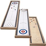 Sterling Games Tabletop Shuffleboard, Bowling and Curling 3 in 1 Combo Game Set, Two Sided Wooden Arcade Game Board with Pucks and Bowling Pins, a Table Top Game for Kids and Family