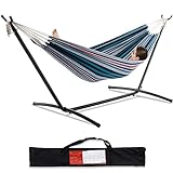 PNAEUT Double Hammock with Space Saving Steel Stand 2 Person Heavy Duty Garden Yard Outdoor 450lb Capacity Hammocks and Portable Carrying Bag (Denim)