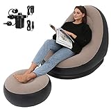 STARBRILLIANT Inflatable Living Room Furniture Chair with Stool for Resting Feet, Indoor Foldable Deck Chaise Lounges with Air Pump, Travel Camping Picnic Beach Chair(Brown)