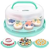 HANSGO Round Cake Carrier, 12x6inch Green Cake Container with Lid and Handles 3-in-1 Multipurpose Cake Keeper Holder Platter for Cupcake Devil Eggs Cake Dishwasher Safe