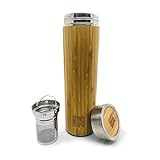 Dr. Zisman ZT Double-Walled Stainless-Steel Tea Infuser Bottle or Travel Mug Cup Container - Leak-Free Insulated Thermos Tumbler for Keeping Hot and Cold Water or Beverages (Bamboo)