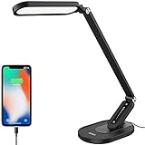 JKSWT LED Desk Lamp, Eye-Caring Table Lamps Natural Light Protects Eyes Dimmable Office Lamp with 5 Color Modes USB Charging Port Touch Control and Memory Function, 10W Reading Lamp,Black
