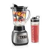 Hamilton Beach Wave Action Blender for Shakes and Smoothies, Stainless Steel Ice Sabre Blades, 40oz Glass Jar, 20oz Blend-In Portable Travel Jar, 800 Watts, Quiet Design, Gray (58181)