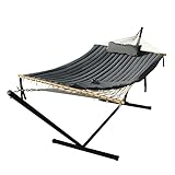VEIKOU 2 Person Portable Hammock with Stand and Pillow, Double Freestanding Quilted 12ft Hammock with Frame and Spreader Bars, Grey