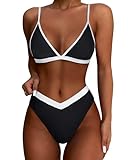 SUUKSESS Women Triangle High Cut Bikini Sets Sexy High Waisted Color Block Two Piece Swimsuits Push Up Bathing Suits(Black White,M)