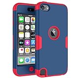 Callyue iPod Touch Case Compatible Apple iPod Touch 5th 6th & 7th Generation , PC + Silicone 2-in-1 Cover Protective Case for iPod Touch 7 / 6 / 5 - Navy + Red