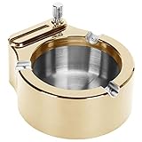 Ashtray with Match Lighter, Stainless Steel Tabletop Smoking Ashtray Cigarette Container Modern Ashtray for Smokers, Desktop Cigar Tray for Indoor Outdoor (Gold)
