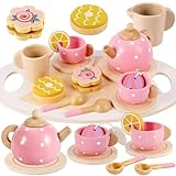 BUYGER Wooden Tea Party Set for Toddlers Little Girls with Tea Cup Teapots Food Tray Pretend Play Kitchen Accessories Cafe Toys Gifts for Ages 3-5 3 4 5 Years Old