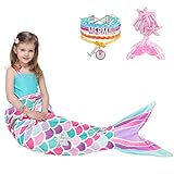 Mermaid Tail Blanket - Wearable Mermaid Soft Blanket with Glitter Stars Sequin Hairpin Bracelet for Girls Teens Pink Soft Flannel Snuggle Blanket 55’’ x 24’’ Gift for Birthday Christmas