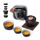 Breleidy Portable Teapot Set, Portable Kung Fu Tea Set Mini Traveling Chinese Ceramic Teapot with 3 Cups All in One Travel Bag - Ideal for Travel Camping Picnic