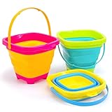 Shindel 3 Pieces Foldable Beach Bucket Set, 2L Silicone Collapsible Toy Buckets for Kids, Multi Purpose for Fun Summer Activities, Camping Gear, Beach Essentials, Travel Sand Toys