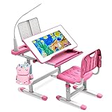 BELANITAS Kids Desk and Chair Set 5-8 Years Old, 40 Degree Tiltable Desktop Desk for Kids, Height Adjustable Kid Desk with Lights,Girls Desk,Princess Pink