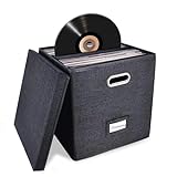 Sturdy Vinyl Record Storage Box - Album Storage Holds up 50+ Single Record, LP Storage Organizer Crate With Lid, Decorative Moving Box For Records, Solutions to Protect Your Precious Collection Black