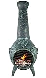 The Blue Rooster Grape Cast Aluminum Chiminea with Gas and a 10' Hose in Antique Green. Includes a Free Year Round Cover