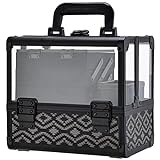 Joligrace Makeup Box Cosmetic Train Case with Clear Acrylic Shell Jewelry Organizer with 3 Tiers Trays, Mirror and Brush Holder Lockable Portable Travel Cosmetic Display Case Black Geometry