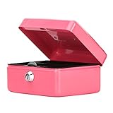 Small Cash Box with Key Lock, Decaller Portable Metal Money Box with Double Layer & 2 Keys for Security, Pink, 6 1/5' x 5' x 3', QH1506XS