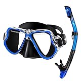 JARDIN Dry Snorkel Set, Panoramic Wide View Snorkel Mask, Anti-Fog Tempered Glass Diving Mask, Free Breathing& Easy Adjustable Strap Scuba Mask, Professional Snorkeling Gear for Adults (Black Blue)