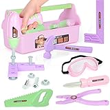 EP EXERCISE N PLAY 18 Pieces Kids Tool Set Pretend Play Construction Tool Accessories with a Tool Box Including Toy Electric Drill (Pink)