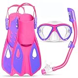 Kids Mask Fins Snorkel Set, Dry Top Snorkeling Gear for Kids Youth Boys Girls Junior Age 5-15 Tempered Glass Snorkel Mask Set Panoramic View Snorkeling Packages