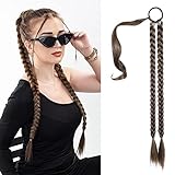 SEIKEA Long Double Braided Ponytail Extension with Hair Tie Straight Wrap Around Braid Hair Extensions Ponytail Natural Soft Hair Piece Medium Brown with Golden Brown Highlights 34 Inch(After Braided 30 Inch)