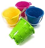 Matty's Toy Stop Beach Gear 7' Plastic Castle Mold Sand Buckets (Pails) with Easy Pour Spout and Handle Blue, Pink, Green & Yellow Party Set Bundle - 4 Pack
