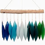 Blue Handworks Gradient Ocean Waterfall & Driftwood Chime, Sandblasted Glass and Found Wood Handcrafted Wind Chime