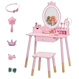 BRINJOY Kids Vanity Set with Lighted Mirror, Princess Make Up Dressing Table and Stool Set w/Jewelry Storage Rack & Make Up Brush Holder, Wooden Children Vanity Table Pretend Playset for Girls